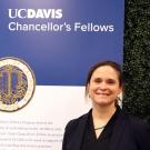 Frances C Moore in front of UC Davis Chancellor's Fellows sign