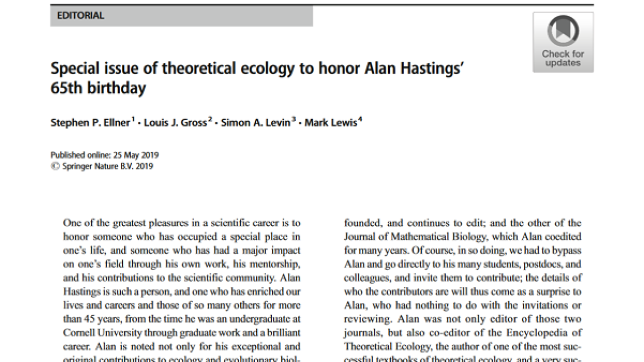 Special issue of theoretical ecology to honor Alan Hastings’ 65th birthday