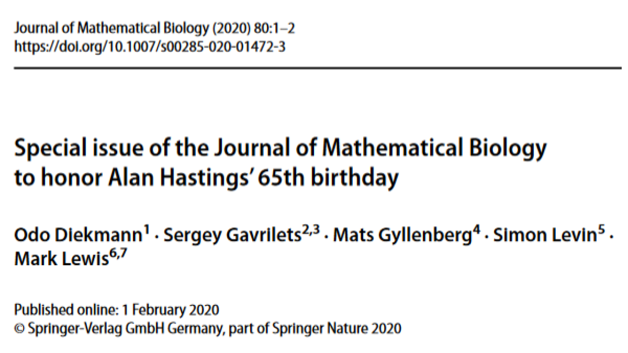 Special issue of the Journal of Mathematical Biology to honor Alan Hastings’ 65th birthday